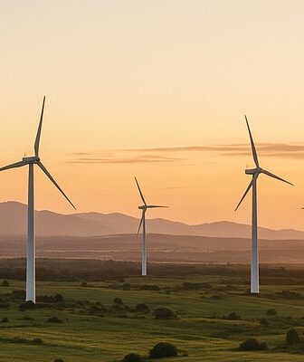 Paneles solares y aerogeneradores que representan el diario de la energia renovables y la seguridad de suministro en España