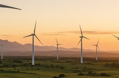 Paneles solares y aerogeneradores que representan el diario de la energia renovables y la seguridad de suministro en España