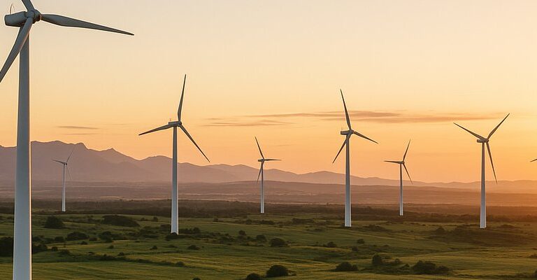 Paneles solares y aerogeneradores que representan el diario de la energia renovables y la seguridad de suministro en España