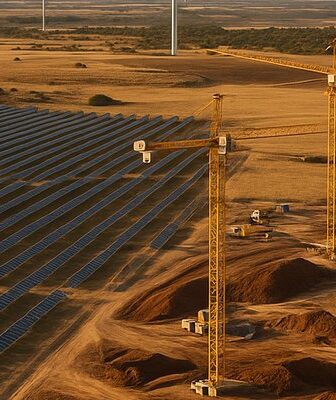 Paneles solares y aerogeneradores en un paisaje español representando noticias sobre energia y transición renovable