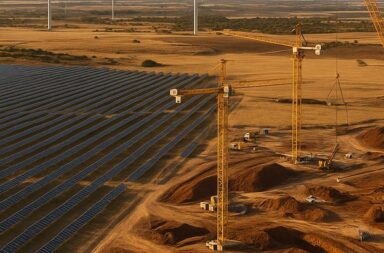 Paneles solares y aerogeneradores en un paisaje español representando noticias sobre energia y transición renovable