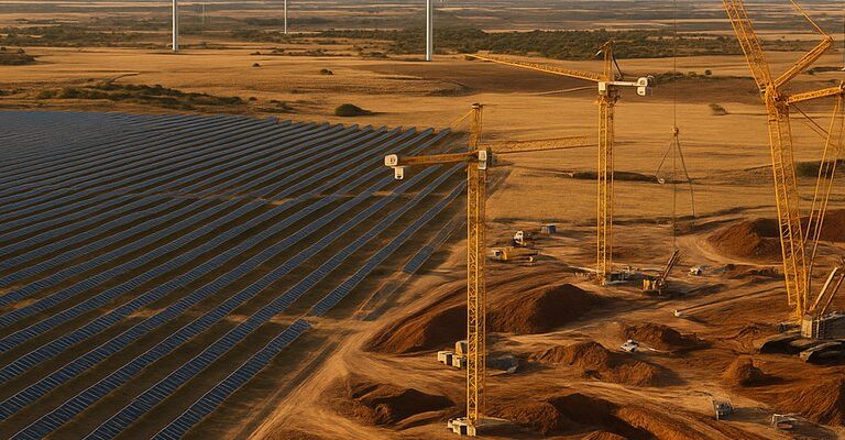 Paneles solares y aerogeneradores en un paisaje español representando noticias sobre energia y transición renovable