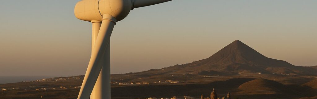 Vista aérea de un parque eólico en Canarias reflejado en el diario de la energia sobre energías renovables
