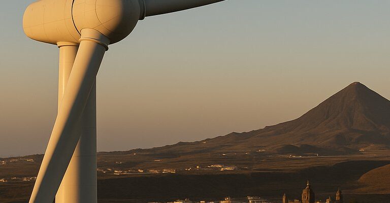 Vista aérea de un parque eólico en Canarias reflejado en el diario de la energia sobre energías renovables
