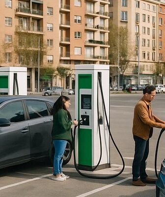 Instalación de puntos de recarga para vehículos eléctricos en España, representando noticias sobre energia y movilidad eléctr