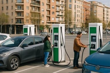 Instalación de puntos de recarga para vehículos eléctricos en España, representando noticias sobre energia y movilidad eléctr