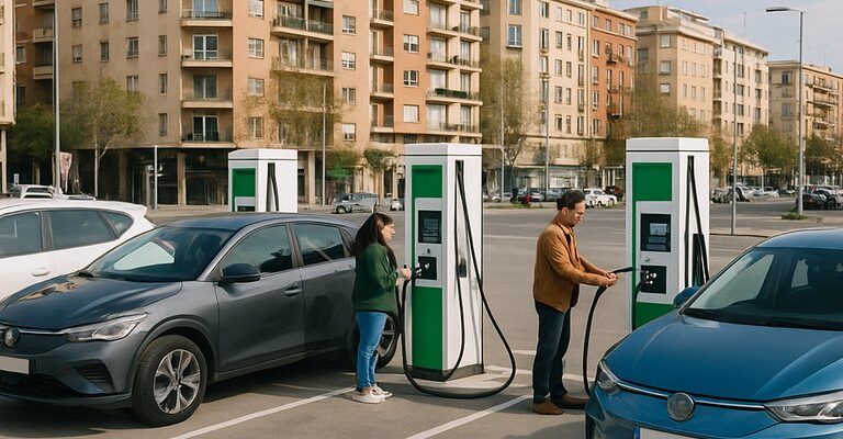 Instalación de puntos de recarga para vehículos eléctricos en España, representando noticias sobre energia y movilidad eléctr